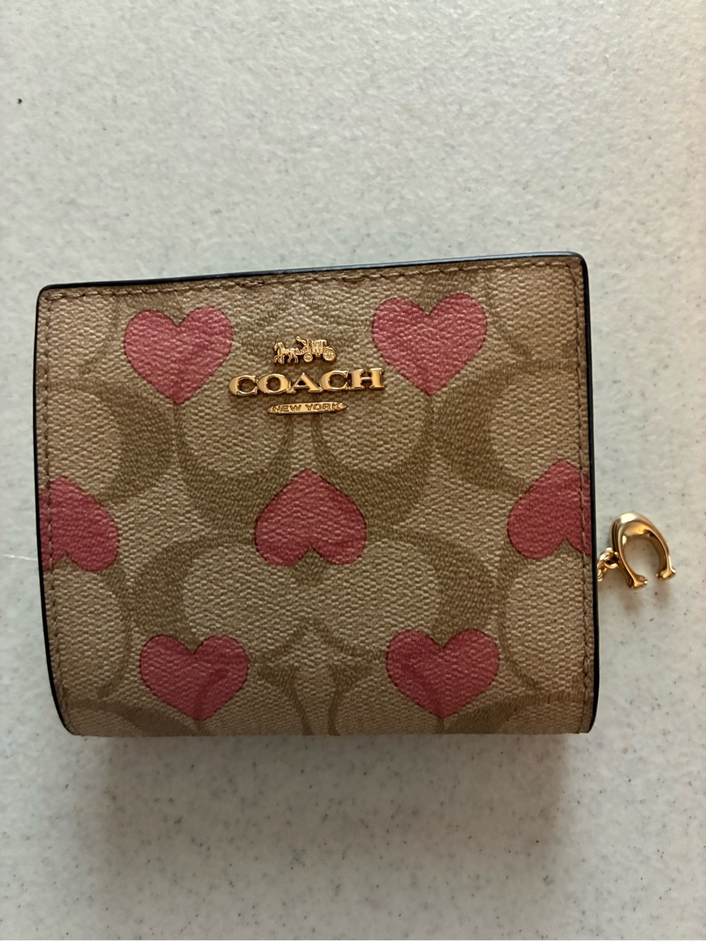 COACH Snap Wallet Signature Canvas with Pink Heart Print